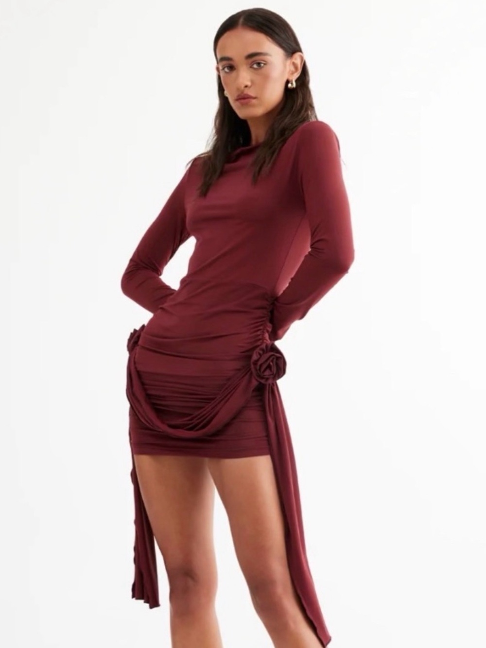 Lioness Draped Cowl Neck Dress in Wine